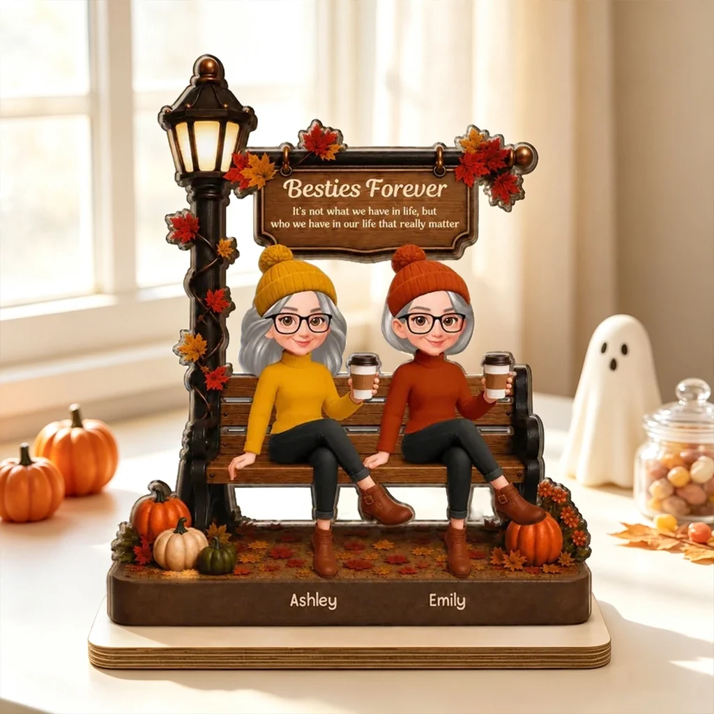 Personalized 2-Layer Wooden Plaque, Fall Besties Sitting Under Lamp Post, Unique Gift for Friend