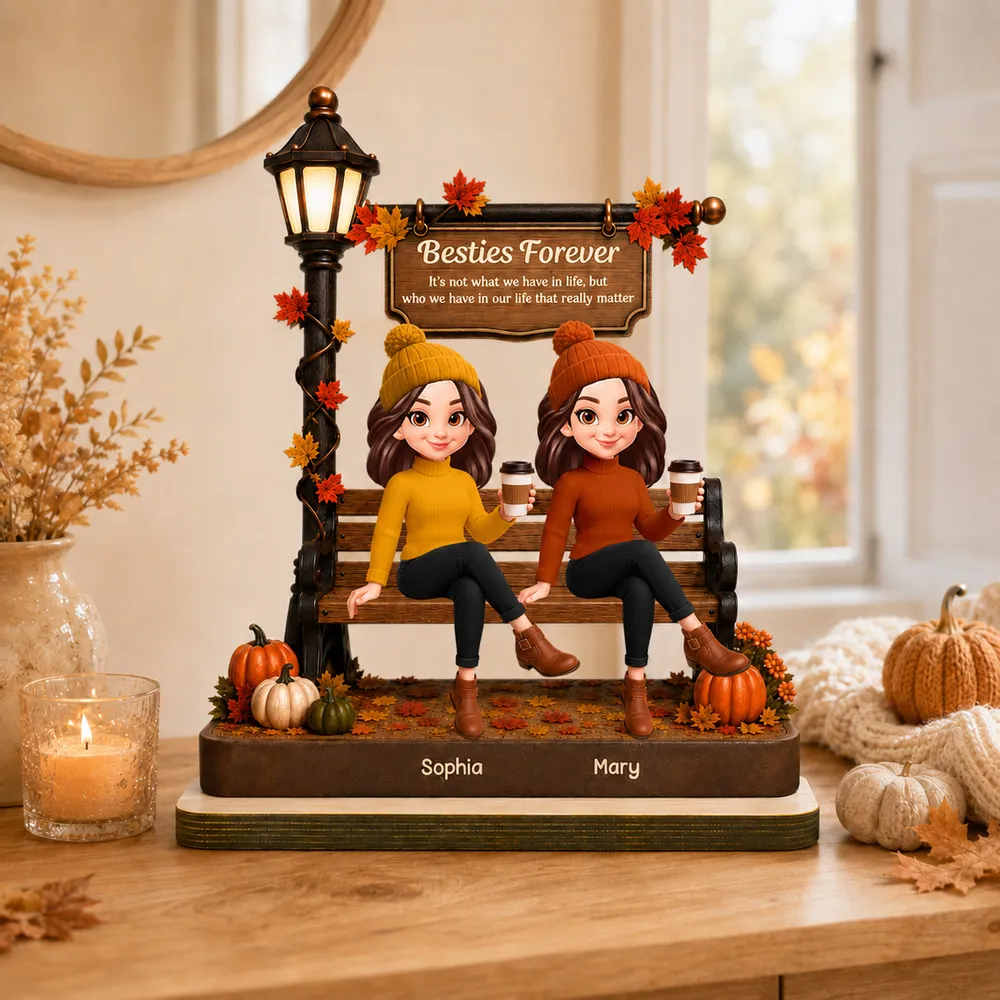 Personalized 2-Layer Wooden Plaque, Fall Besties Sitting Under Lamp Post, Unique Gift for Friend - Image 2