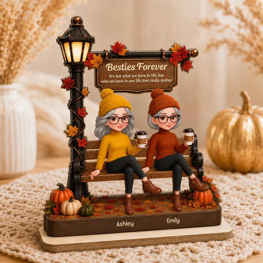 Personalized 2-Layer Wooden Plaque, Fall Besties Sitting Under Lamp Post, Unique Gift for Friend - Image 3