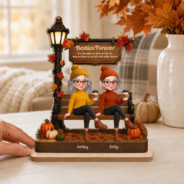 Personalized 2-Layer Wooden Plaque, Fall Besties Sitting Under Lamp Post, Unique Gift for Friend - Image 6