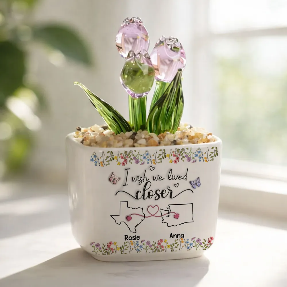 Personalized Square Glass Planter With Purple Tulips, I Wish We Lived Closer Unique Gift for Friend - Image 2