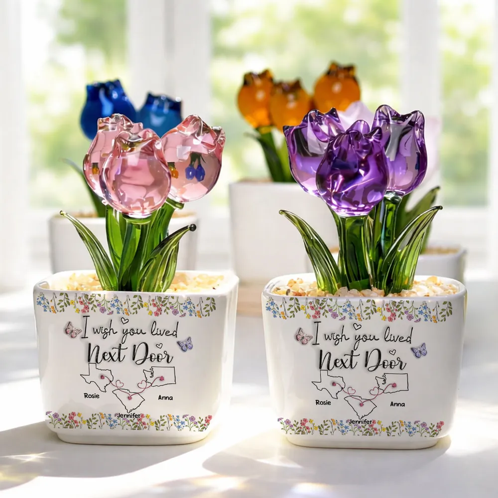 Personalized Square Glass Planter With Purple Tulips, I Wish We Lived Closer Unique Gift for Friend - Image 3