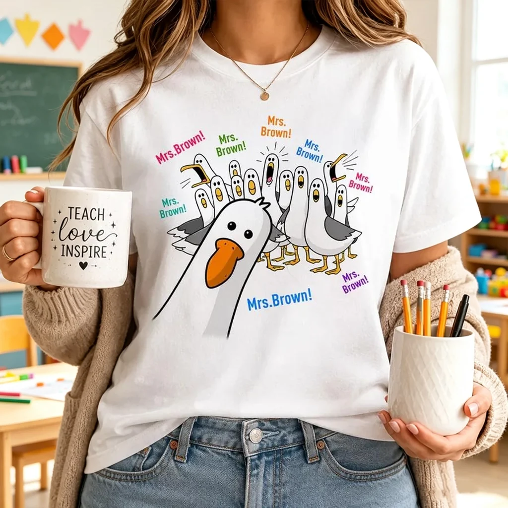 Personalized Seagulls Calling Classic Tee, Custom Teacher Name Design, Unique Back-to-School Gift