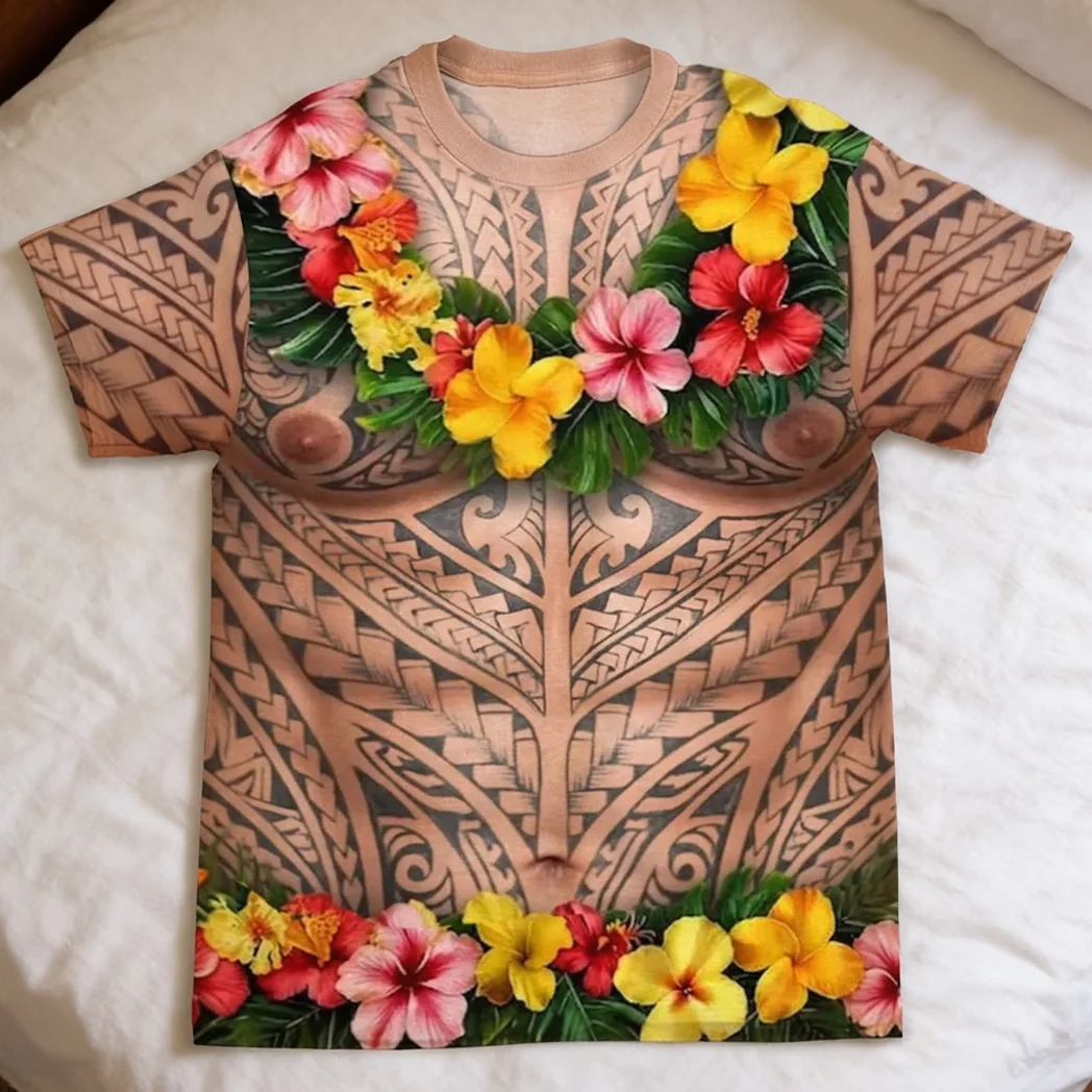 Printed Classic Tee, Personalized Tribal Tattoo & Tropical Lei Design, Unique Creative Gift for Him