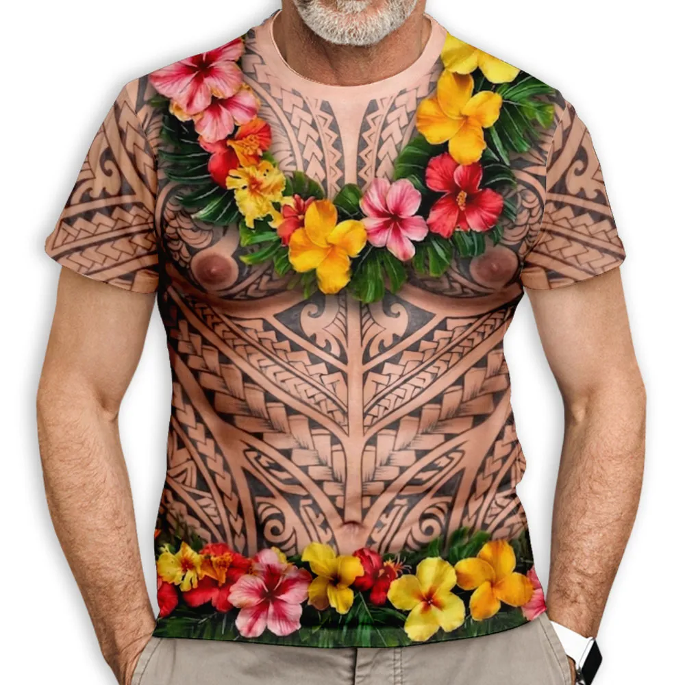 Printed Classic Tee, Personalized Tribal Tattoo & Tropical Lei Design, Unique Creative Gift for Him - Image 2