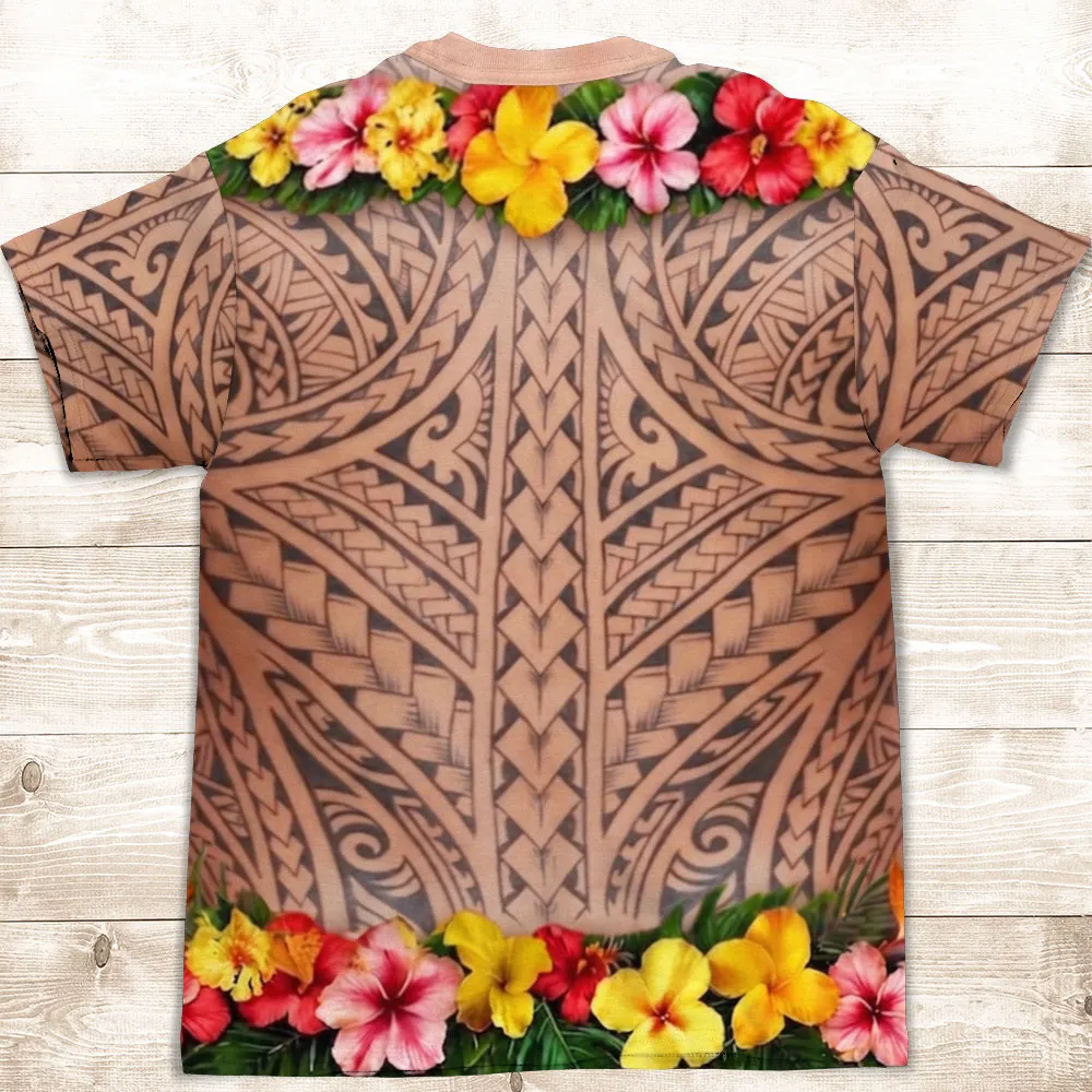 Printed Classic Tee, Personalized Tribal Tattoo & Tropical Lei Design, Unique Creative Gift for Him - Image 3