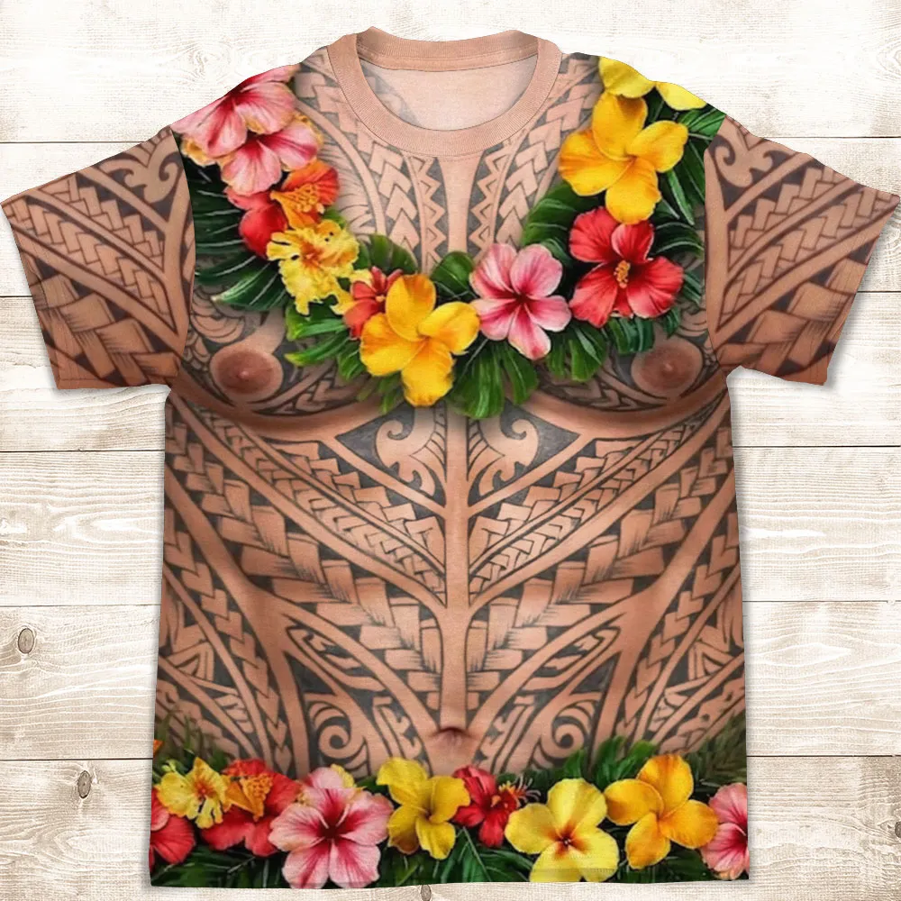 Printed Classic Tee, Personalized Tribal Tattoo & Tropical Lei Design, Unique Creative Gift for Him - Image 4