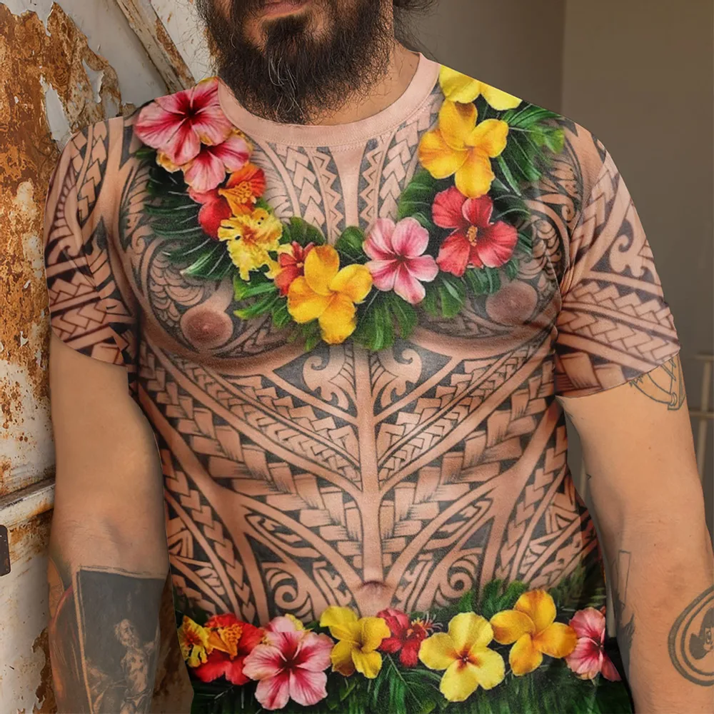 Printed Classic Tee, Personalized Tribal Tattoo & Tropical Lei Design, Unique Creative Gift for Him - Image 5