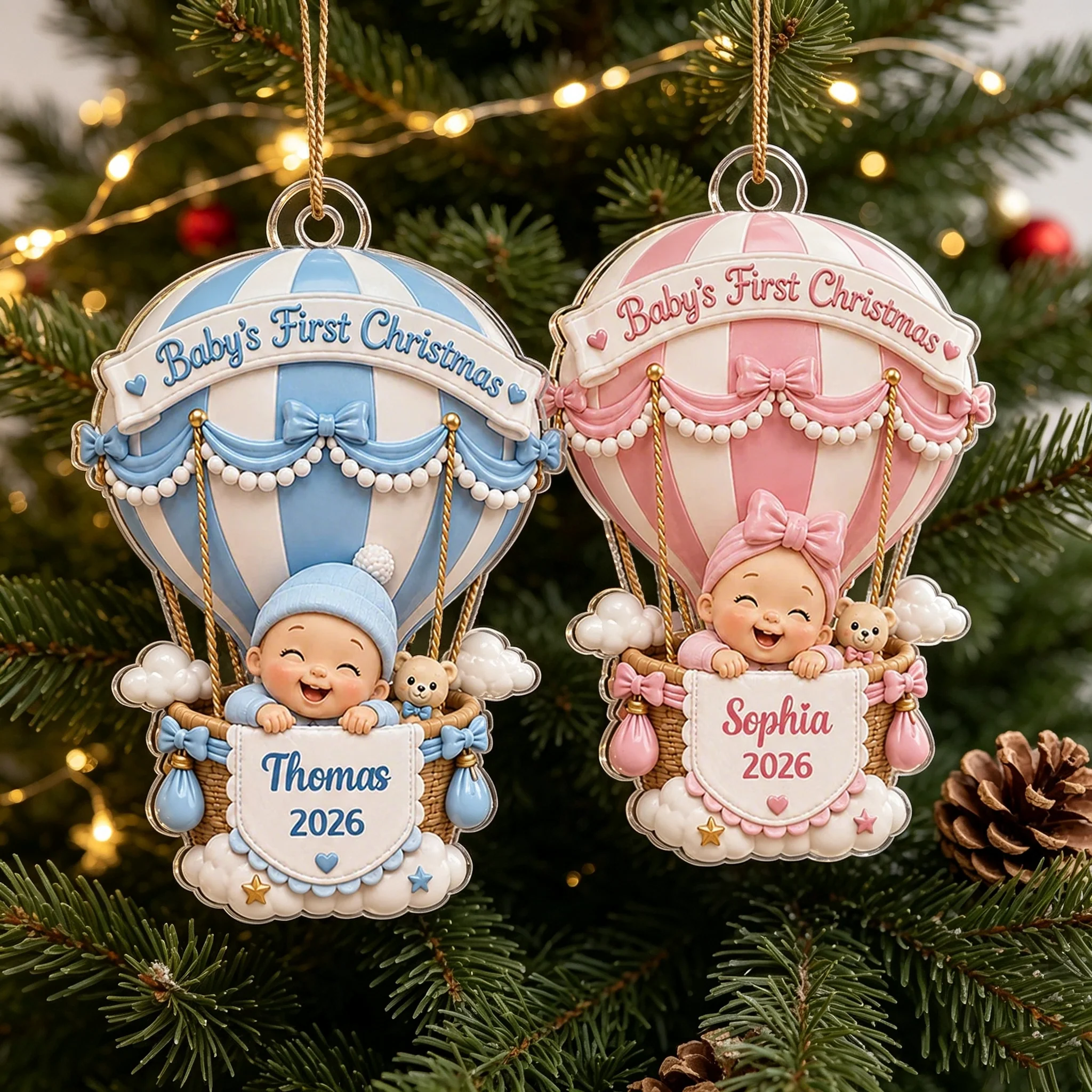 Personalized Acrylic Ornament, Baby's First Christmas Hot Air Balloon, Unique Gift for New Parents