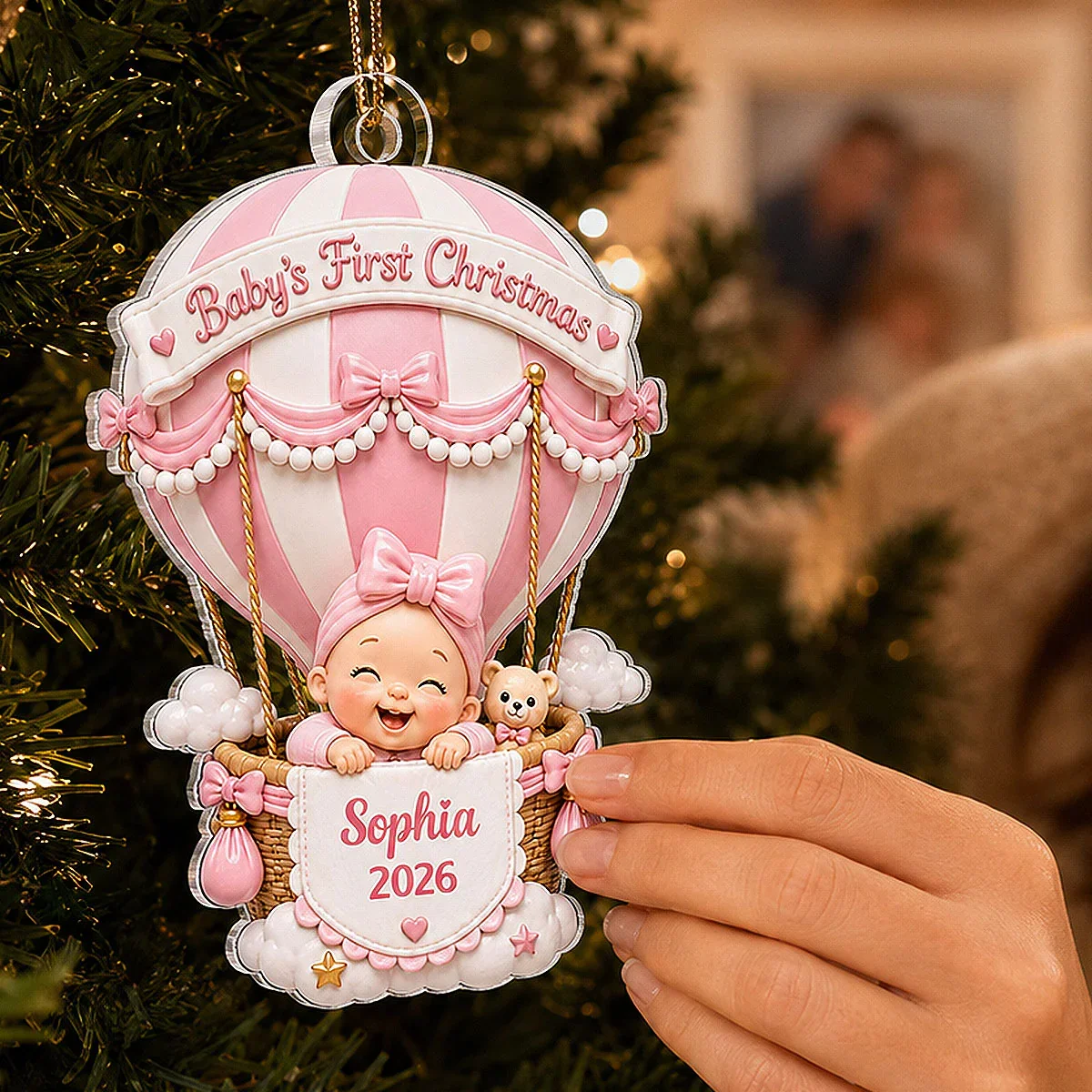 Personalized Acrylic Ornament, Baby's First Christmas Hot Air Balloon, Unique Gift for New Parents - Image 2