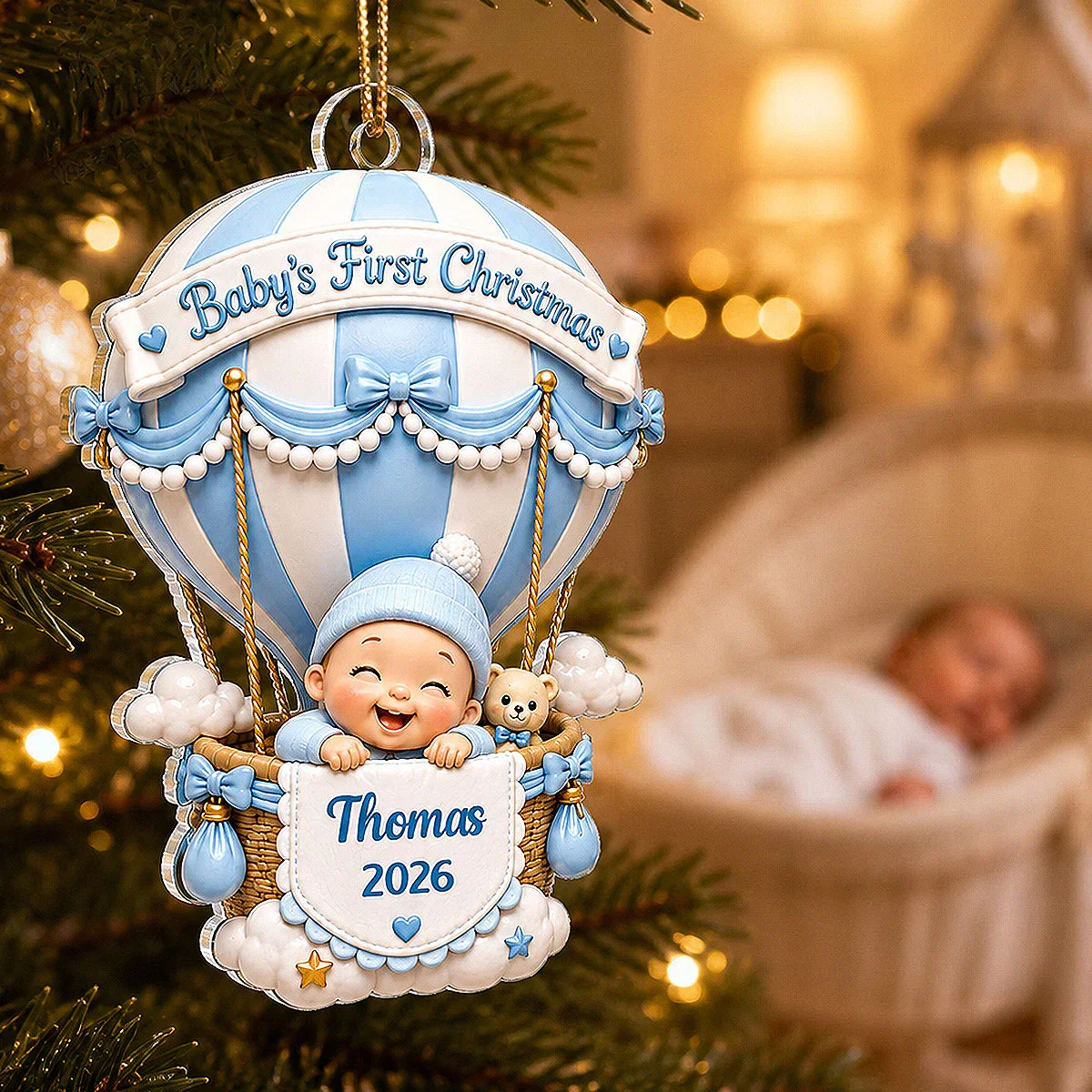Personalized Acrylic Ornament, Baby's First Christmas Hot Air Balloon, Unique Gift for New Parents - Image 3