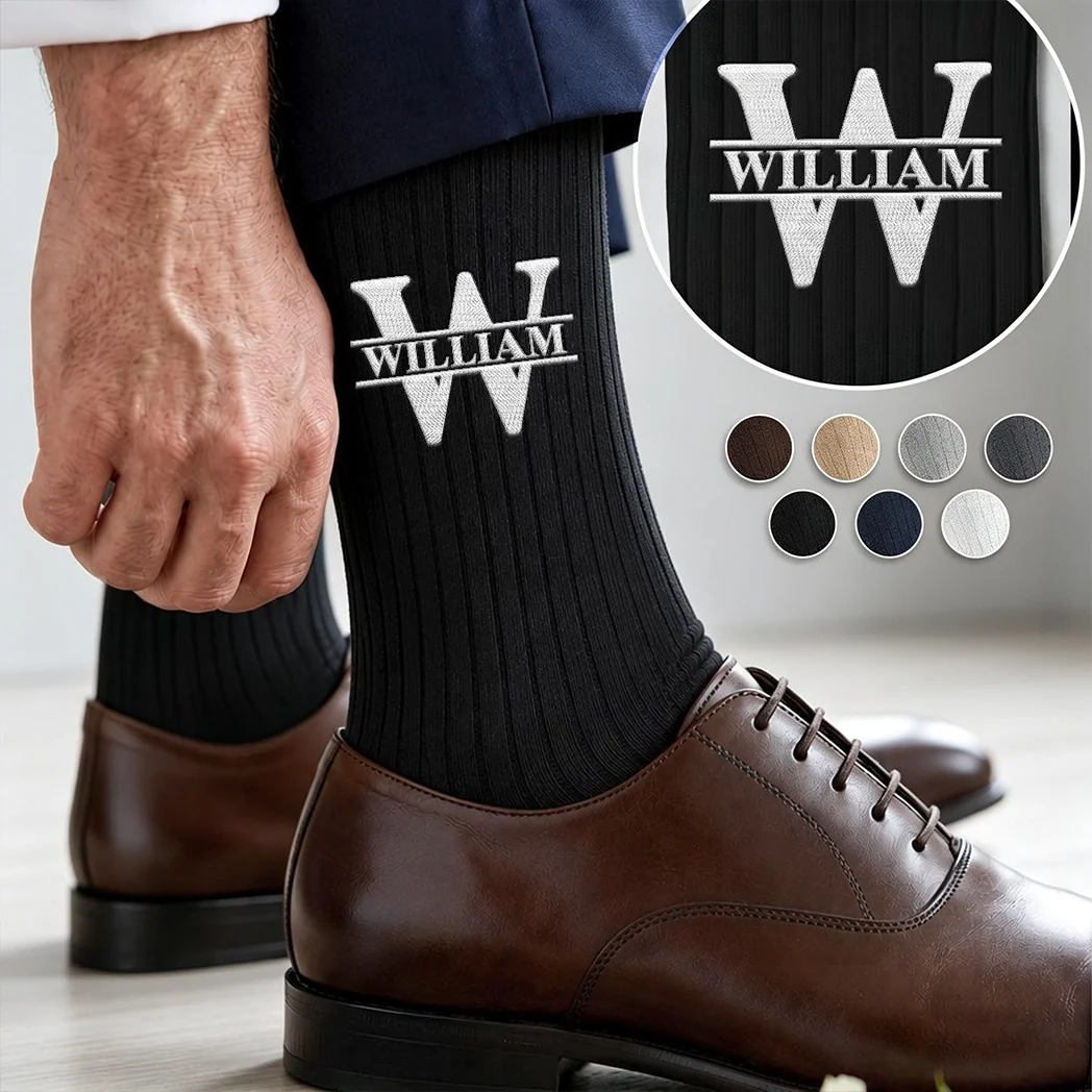 Embroidered Cotton Socks with Custom Monogram, Dress Shoe Styling, Creative Gift for Dad or Husband
