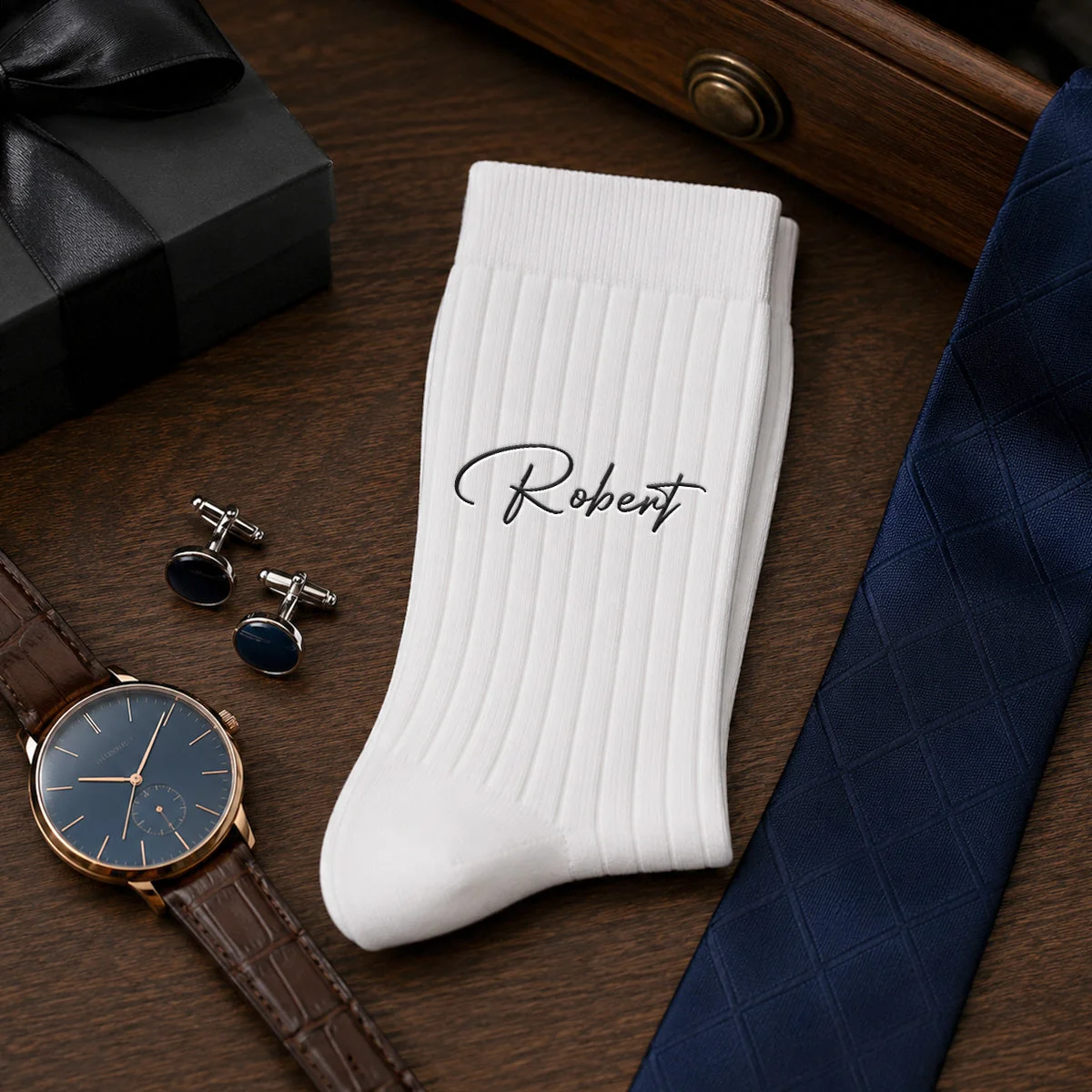 Embroidered Cotton Socks with Custom Monogram, Dress Shoe Styling, Creative Gift for Dad or Husband - Image 8