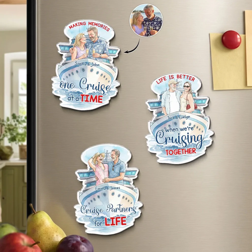 Personalized Acrylic Magnet With Couple Holding Drinks On Cruise Ship, Unique Gift For Travel Partners