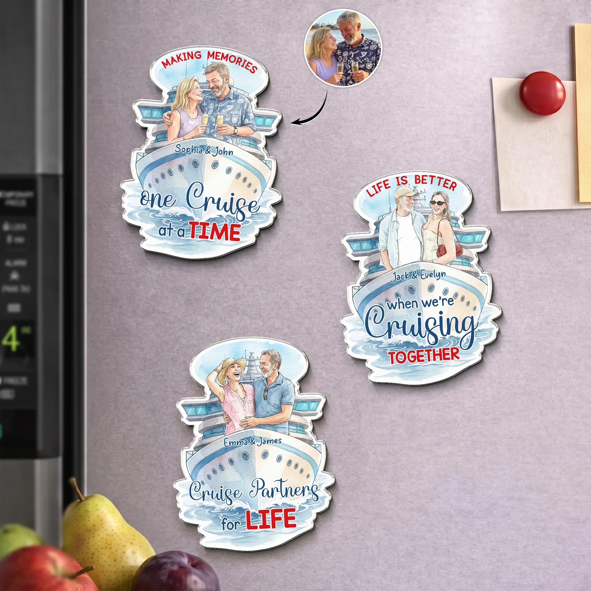 Personalized Acrylic Magnet With Couple Holding Drinks On Cruise Ship, Unique Gift For Travel Partners - Image 2