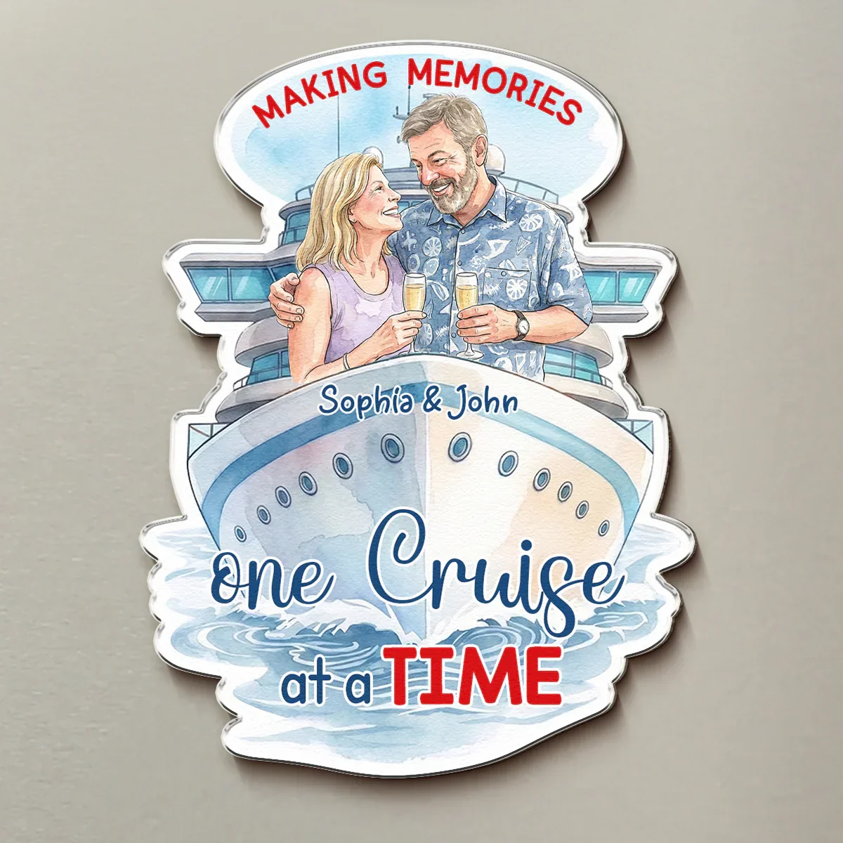 Personalized Acrylic Magnet With Couple Holding Drinks On Cruise Ship, Unique Gift For Travel Partners - Image 3