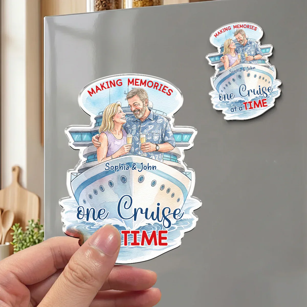 Personalized Acrylic Magnet With Couple Holding Drinks On Cruise Ship, Unique Gift For Travel Partners - Image 4