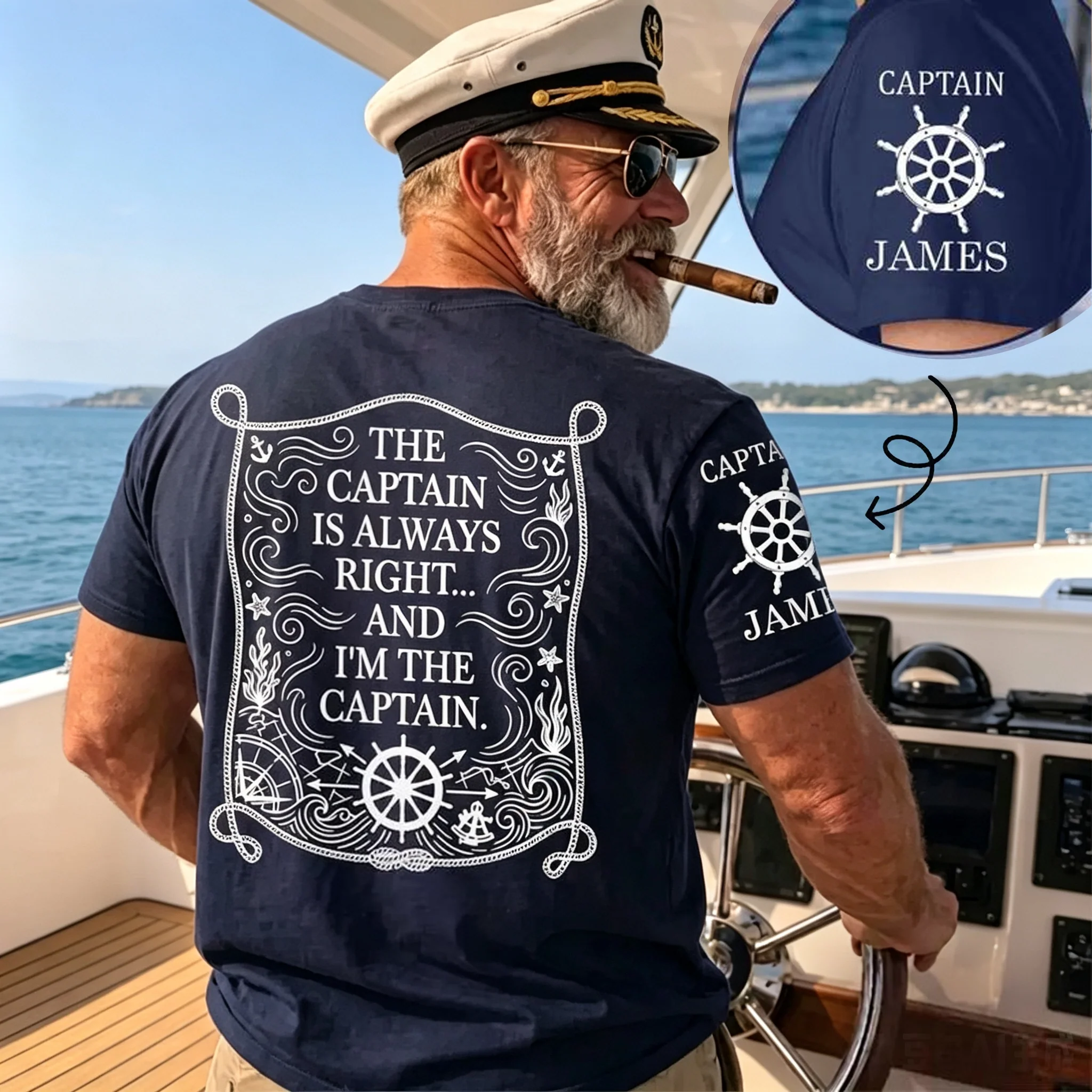 Dual Print Classic Tee with Funny Captain Quote, Creative Gift for Boat Lovers at the Helm