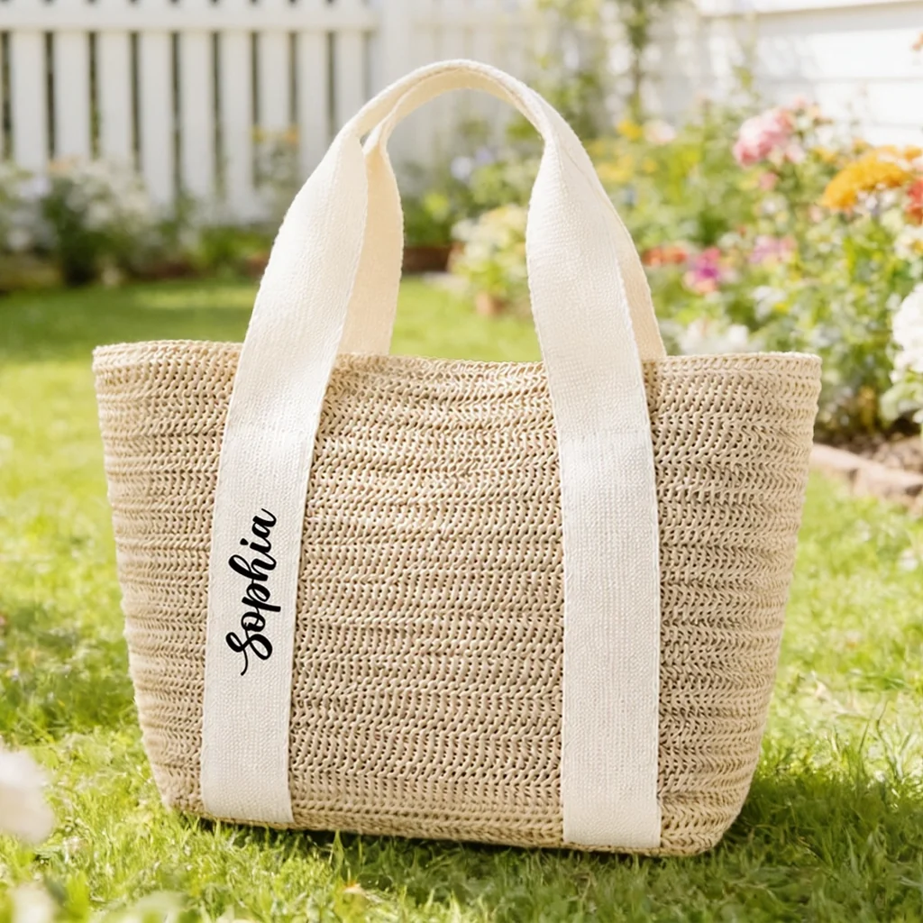 Personalized Straw Tote Bag with Script Handle, Unique Summer Gift for Her, Natural Neutral Style
