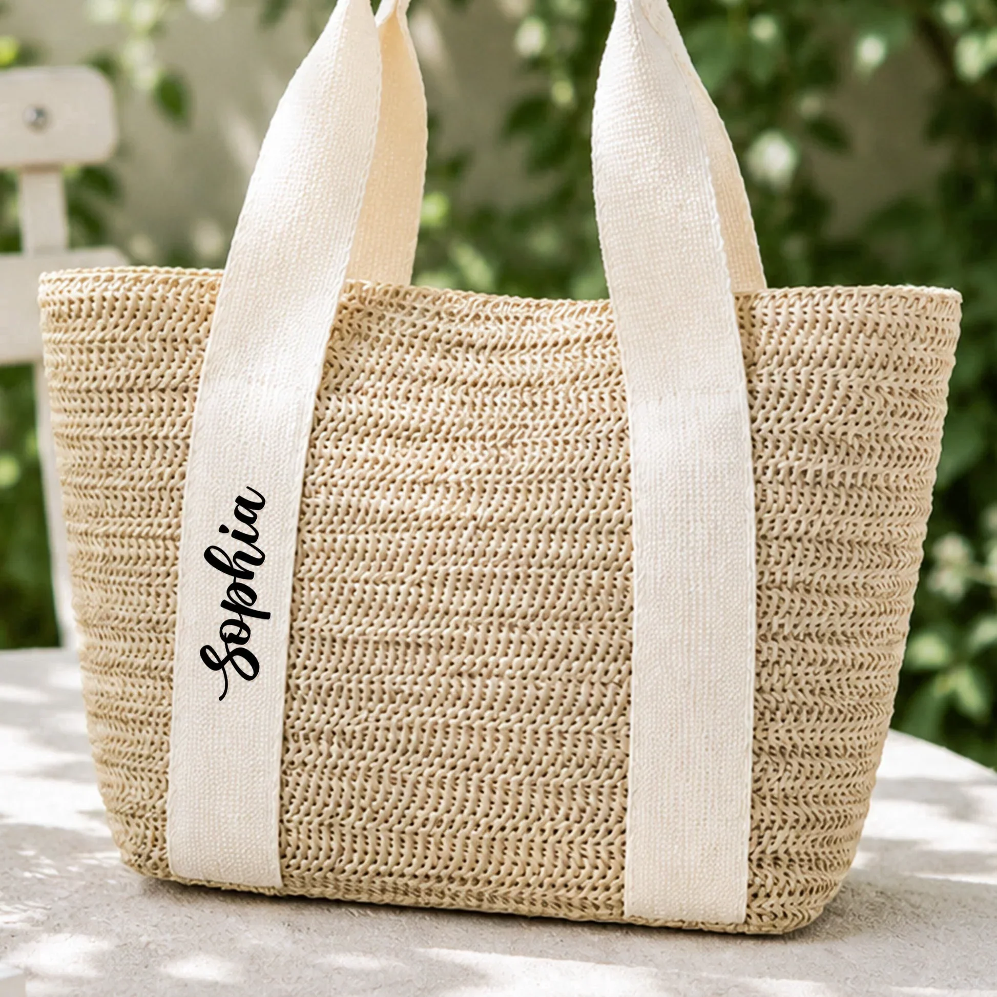 Personalized Straw Tote Bag with Script Handle, Unique Summer Gift for Her, Natural Neutral Style - Image 2