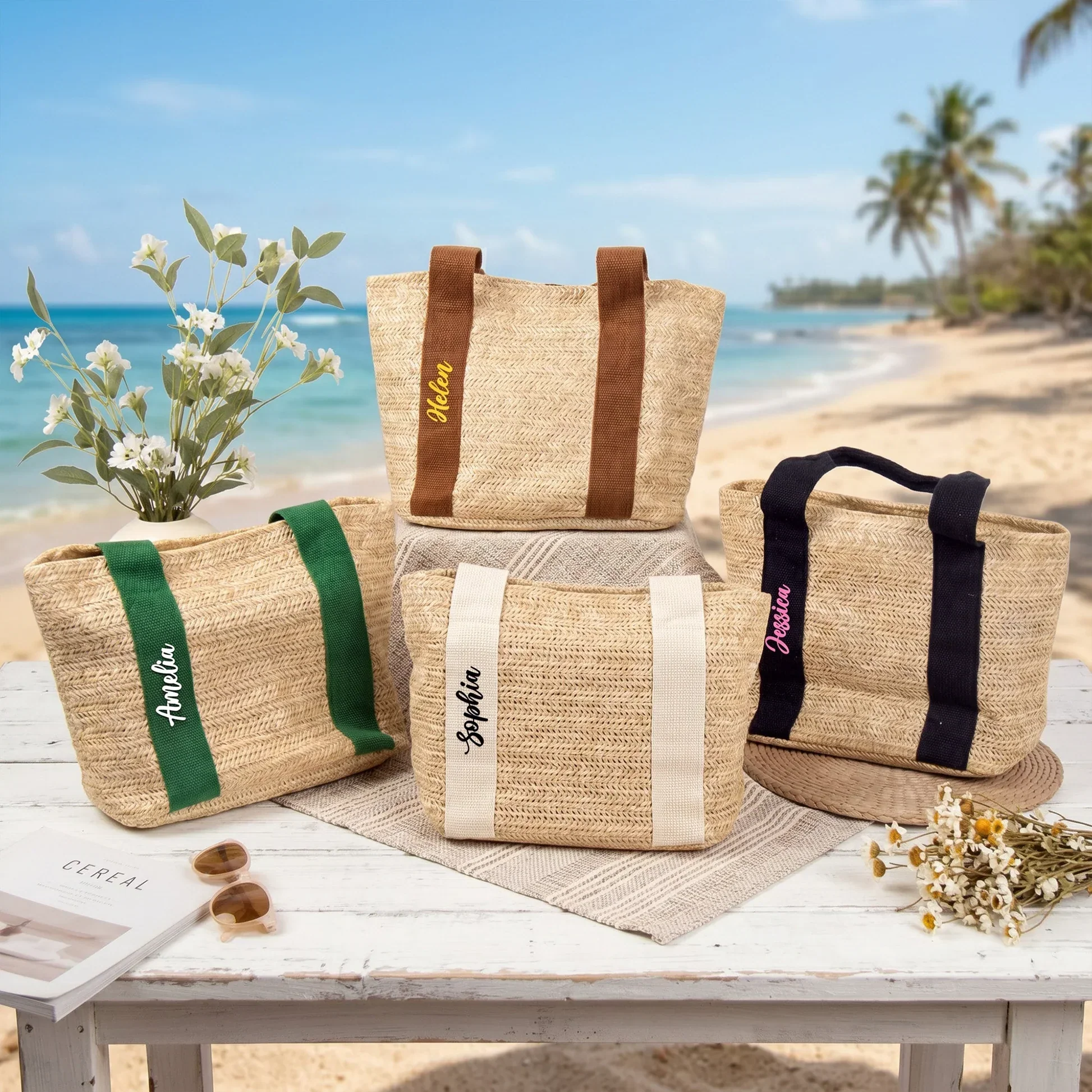 Personalized Straw Tote Bag with Script Handle, Unique Summer Gift for Her, Natural Neutral Style - Image 3