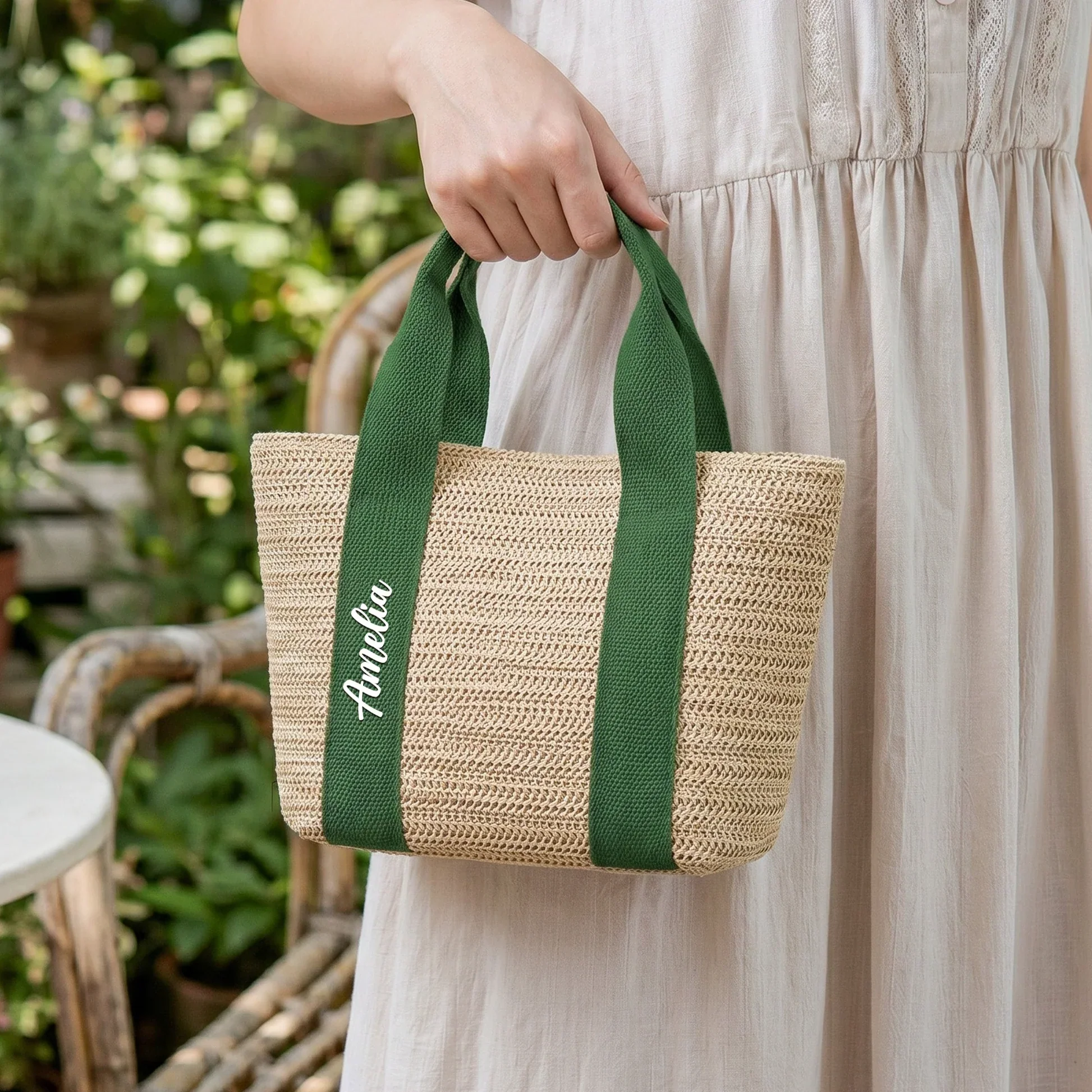 Personalized Straw Tote Bag with Script Handle, Unique Summer Gift for Her, Natural Neutral Style - Image 5