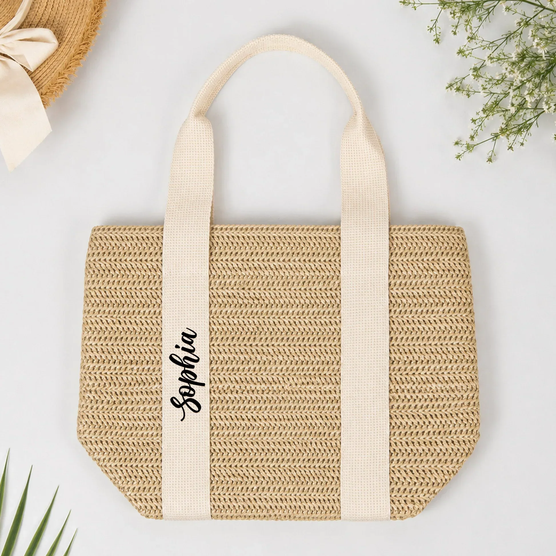 Personalized Straw Tote Bag with Script Handle, Unique Summer Gift for Her, Natural Neutral Style - Image 6