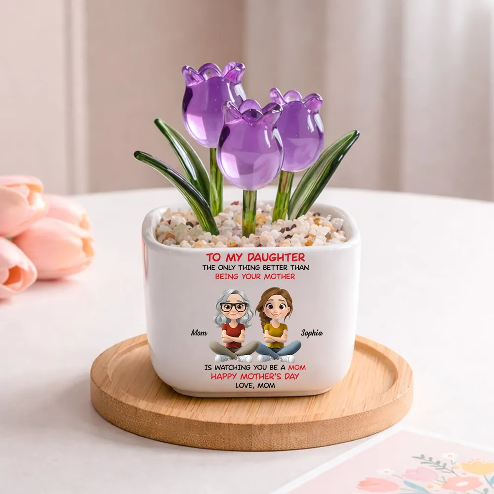 Personalized Square Glass Planter with Purple Tulips, Sitting Mother Daughter Cartoon, Unique Gift from Mom - Image 2