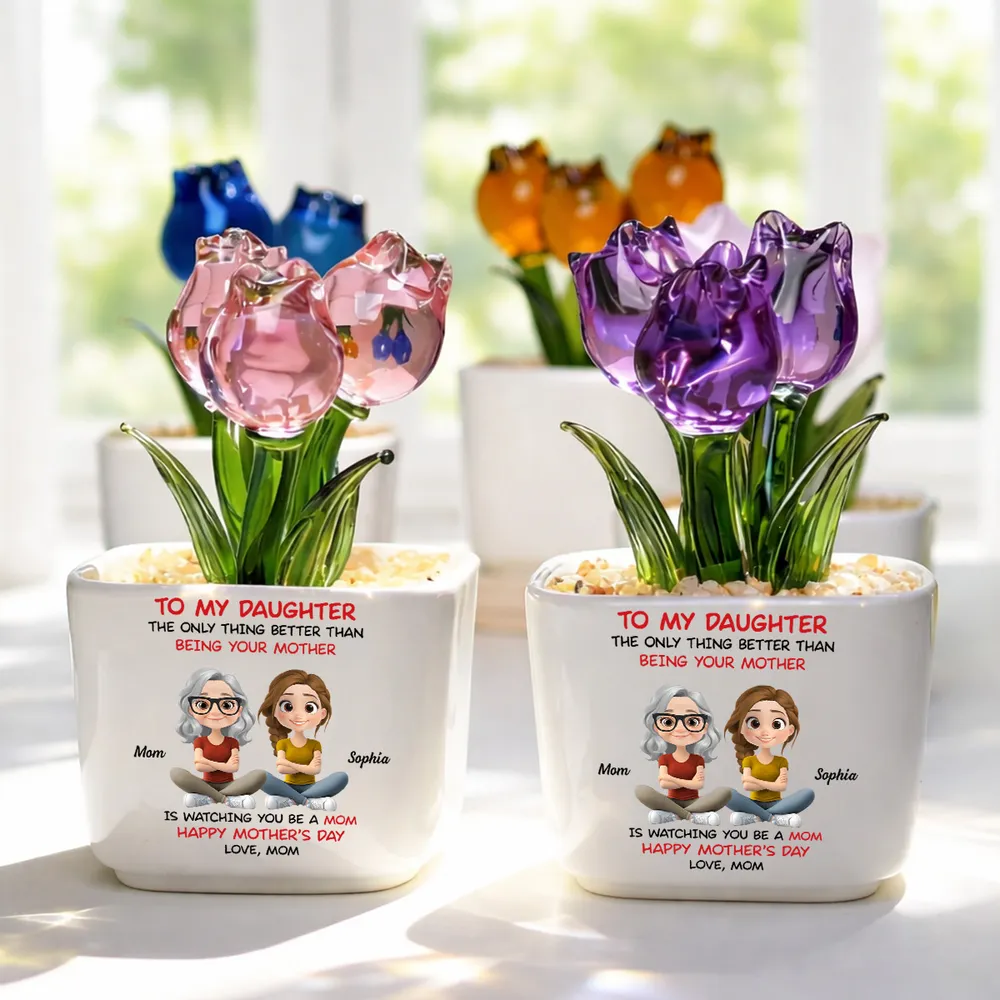 Personalized Square Glass Planter with Purple Tulips, Sitting Mother Daughter Cartoon, Unique Gift from Mom - Image 3