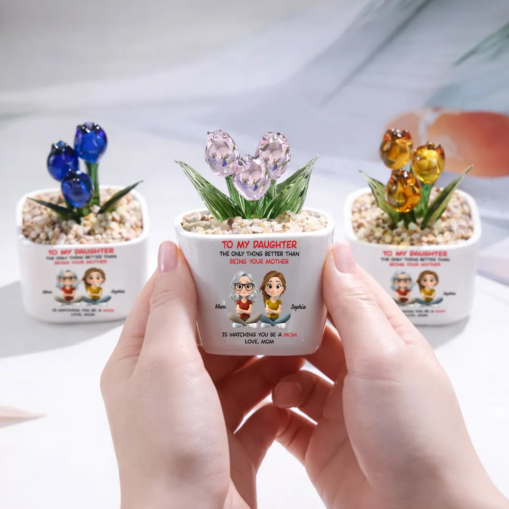 Personalized Square Glass Planter with Purple Tulips, Sitting Mother Daughter Cartoon, Unique Gift from Mom - Image 5