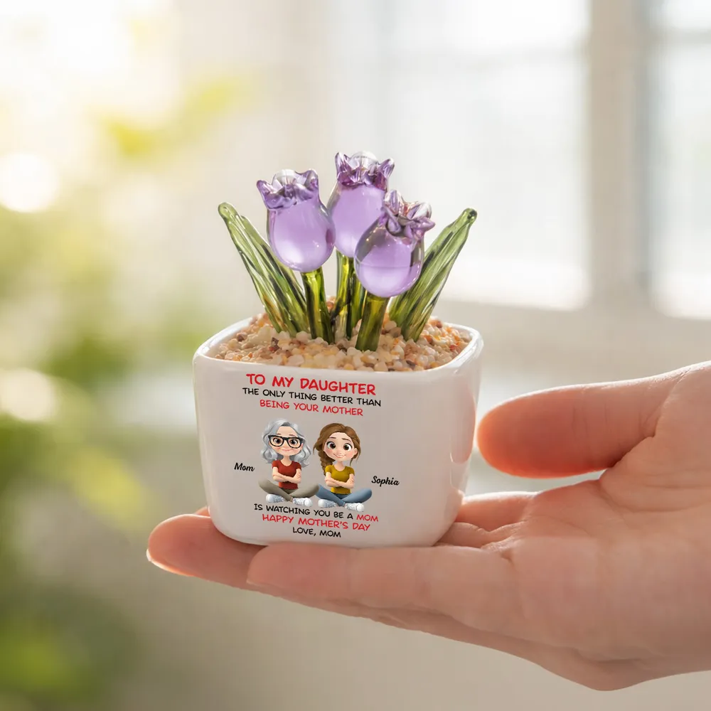Personalized Square Glass Planter with Purple Tulips, Sitting Mother Daughter Cartoon, Unique Gift from Mom - Image 6