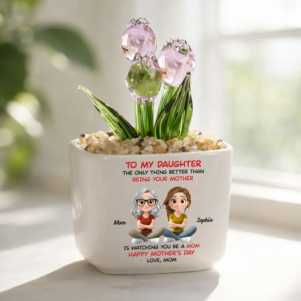 Personalized Square Glass Planter with Purple Tulips, Sitting Mother Daughter Cartoon, Unique Gift from Mom - Image 7