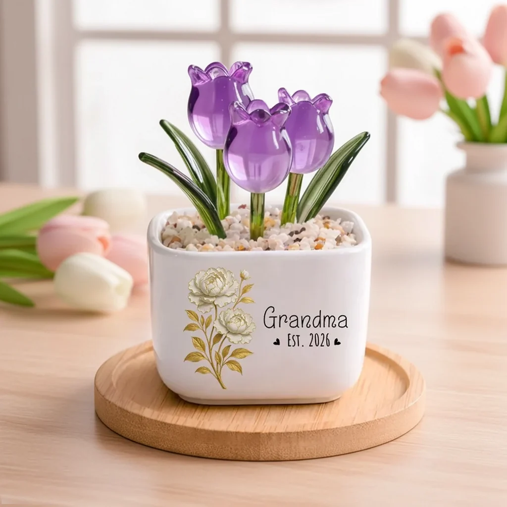 Personalized Square Glass Planter with Purple Tulips, Unique Creative Gift for Grandma, Floral Keepsake