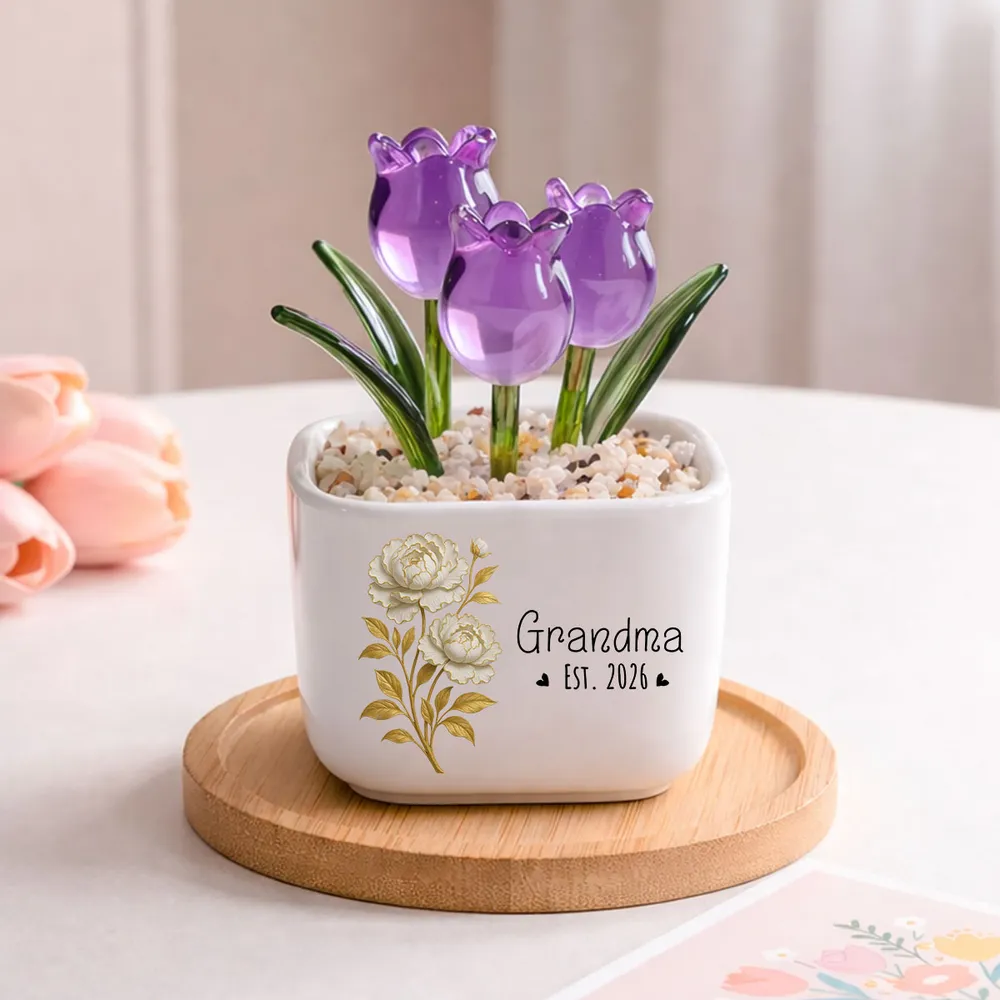 Personalized Square Glass Planter with Purple Tulips, Unique Creative Gift for Grandma, Floral Keepsake - Image 2