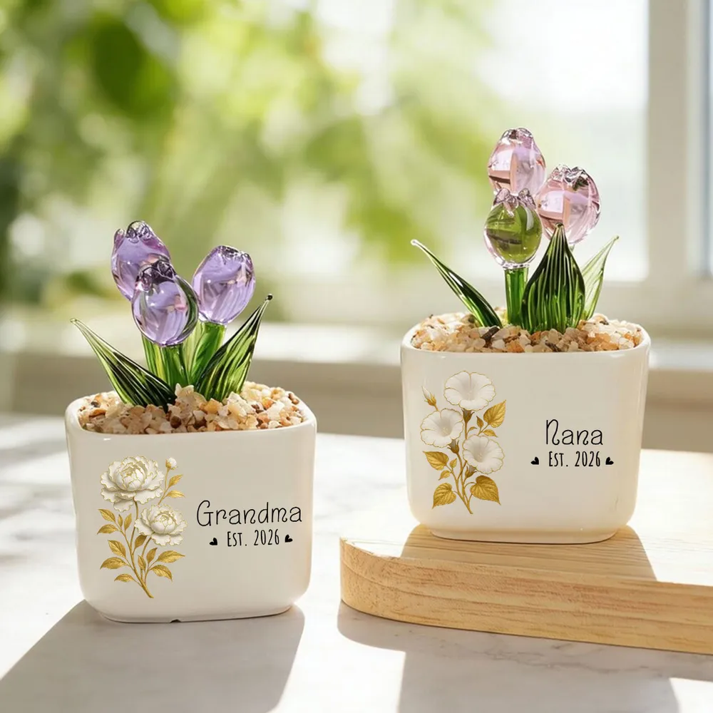 Personalized Square Glass Planter with Purple Tulips, Unique Creative Gift for Grandma, Floral Keepsake - Image 3