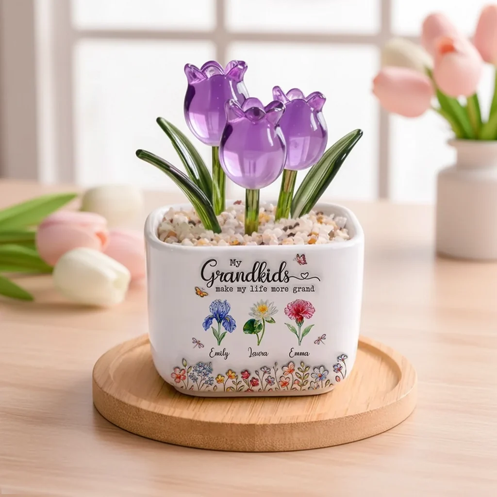 Square Glass Planter, My Grandkids Tulip Keepsake, Creative Gift for a Grandparent's Home