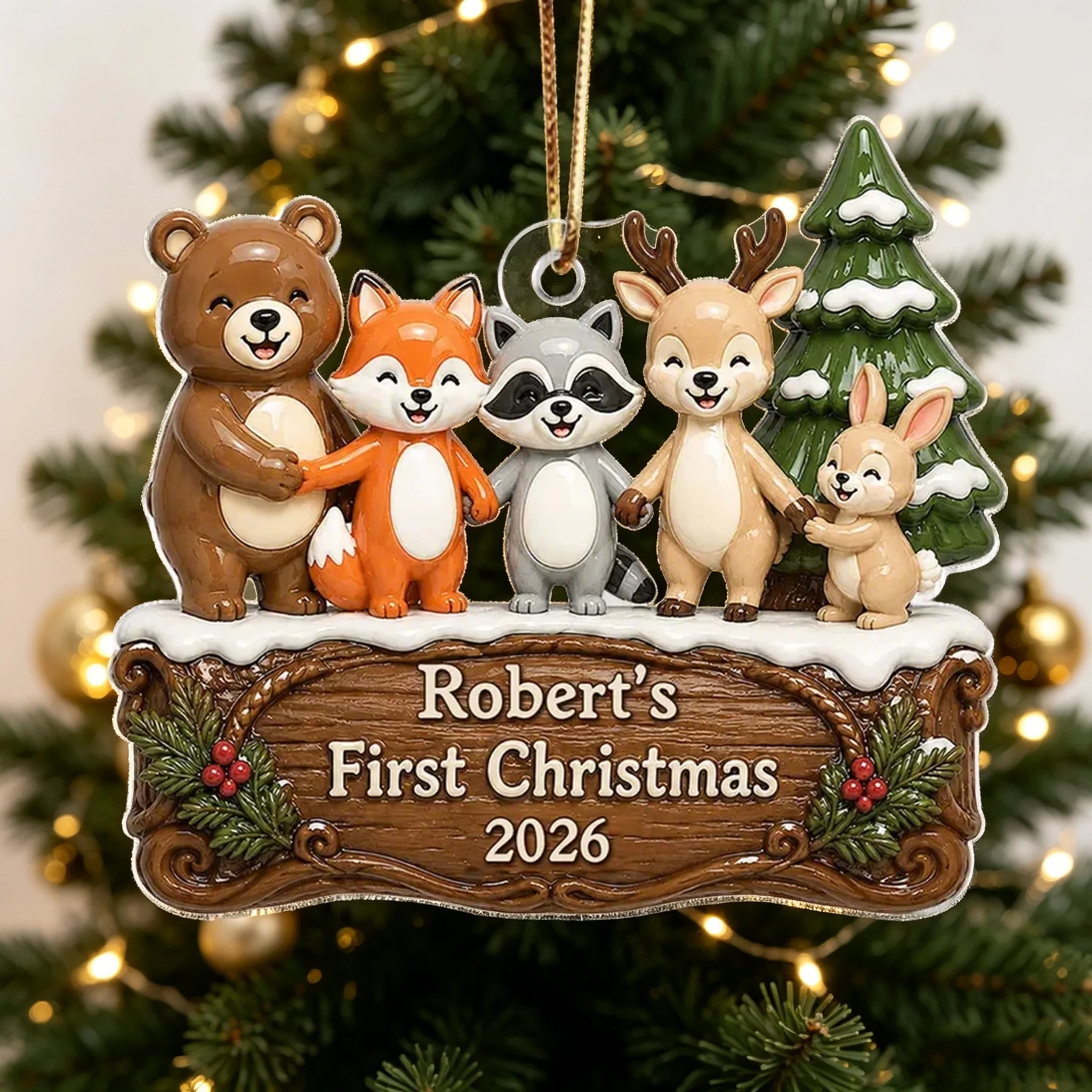 Personalized Acrylic Ornament, Woodland Animal First Christmas, Unique Creative Gift for New Parents