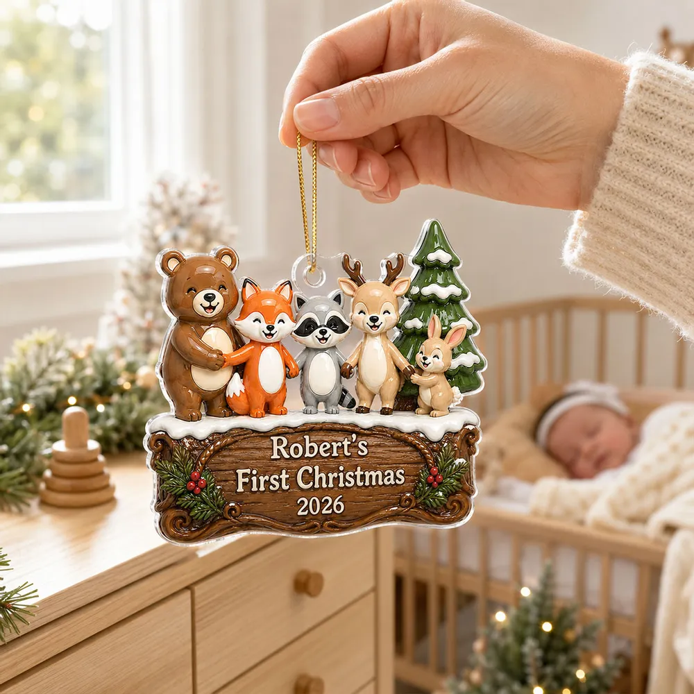 Personalized Acrylic Ornament, Woodland Animal First Christmas, Unique Creative Gift for New Parents - Image 3