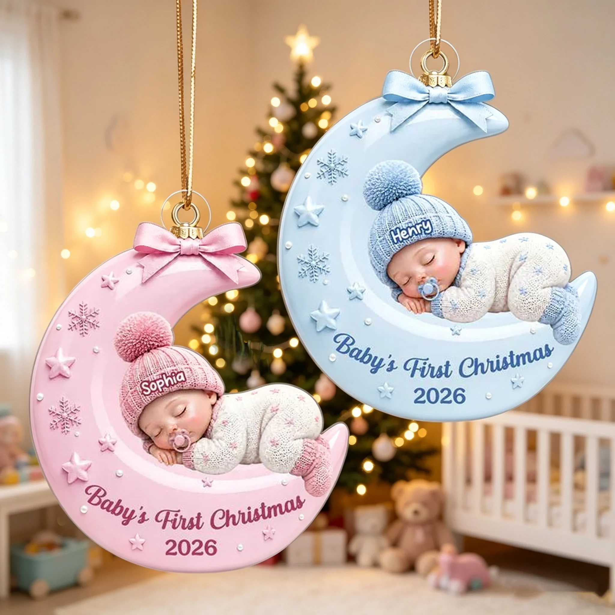 Personalized Acrylic Ornament With Sleeping Baby On Moon, Unique Creative Gift For New Parents