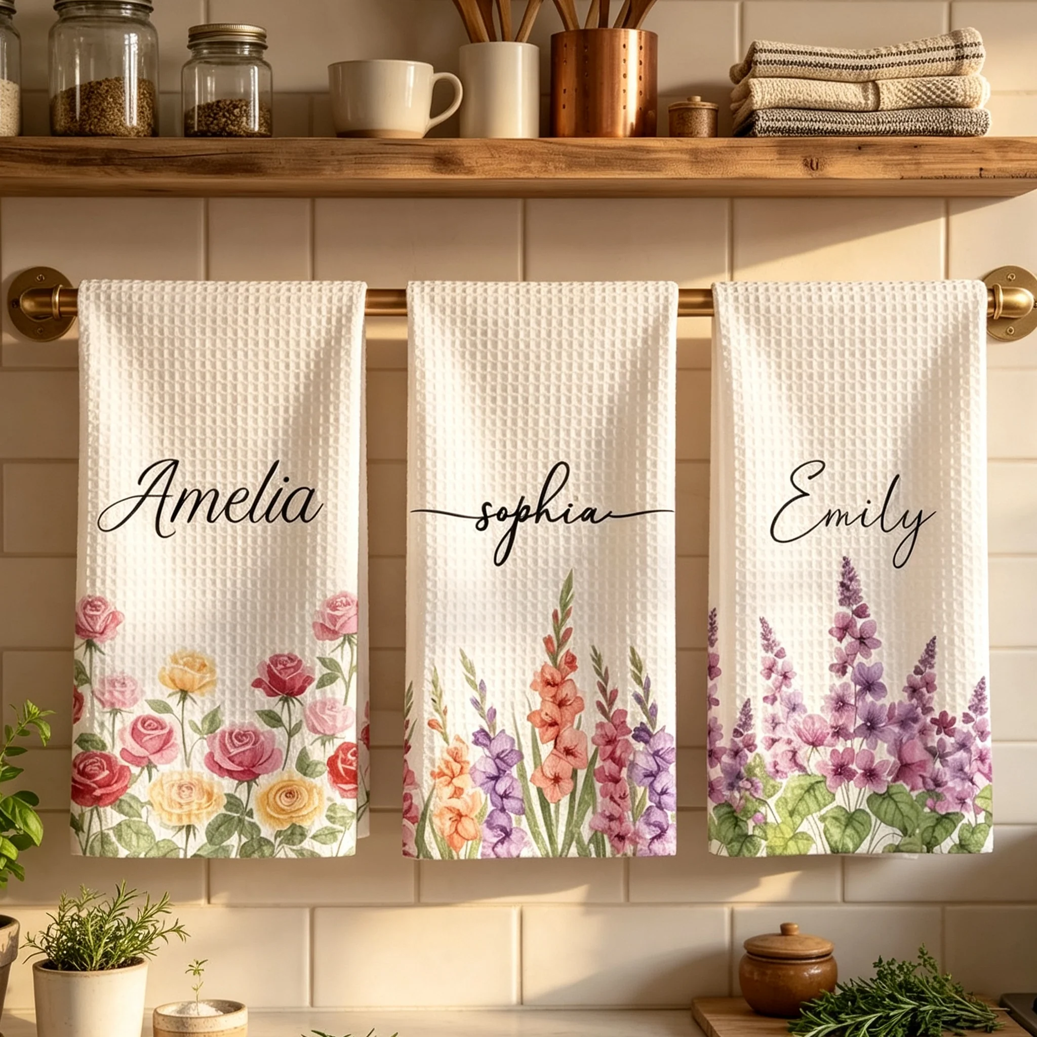 Personalized Birth Flower Kitchen Towel, Watercolor Floral Decor, Unique Gift for Mom, Grandma & Wife