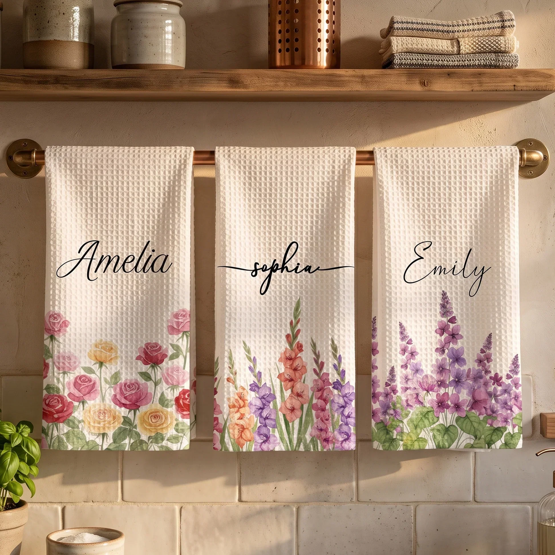 Personalized Birth Flower Kitchen Towel, Watercolor Floral Decor, Unique Gift for Mom, Grandma & Wife - Image 2