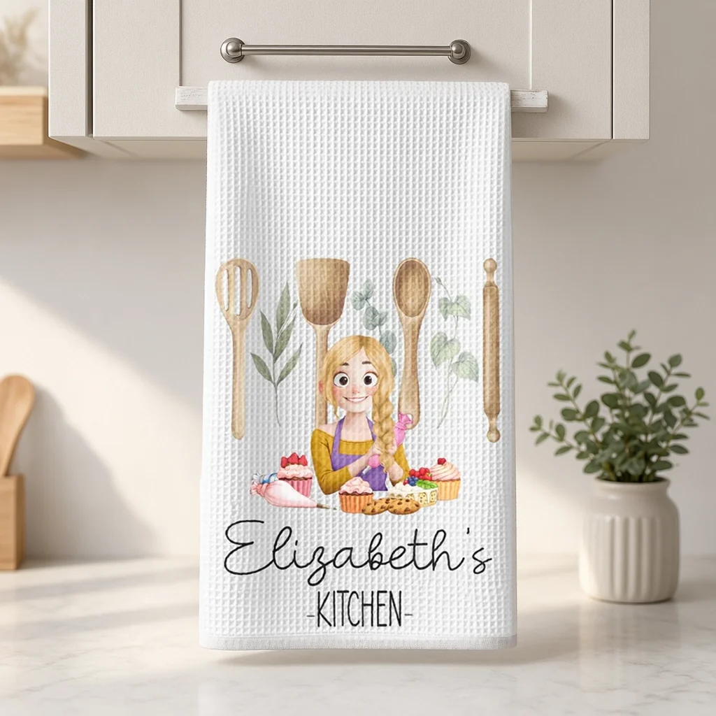 Personalized Kitchen Towel for Home Bakers, Cupcake Illustration, Creative Gift for Mom