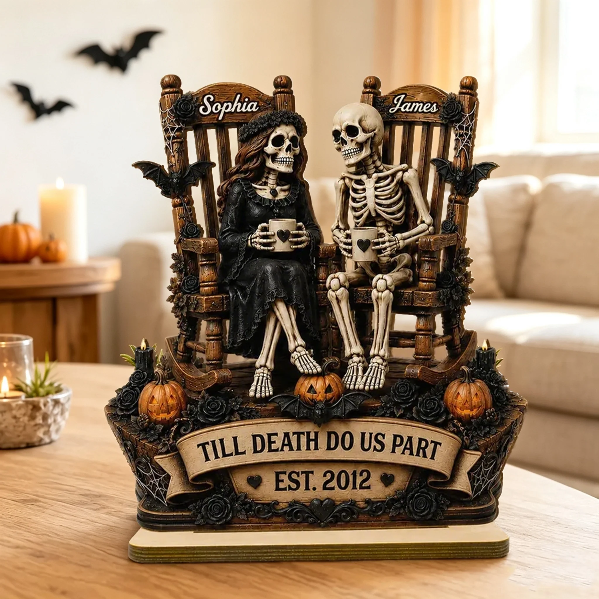 Personalized 2-Layer Wooden Plaque, Sitting Skeleton Couple Halloween Decor, Unique Creative Gift for Couples