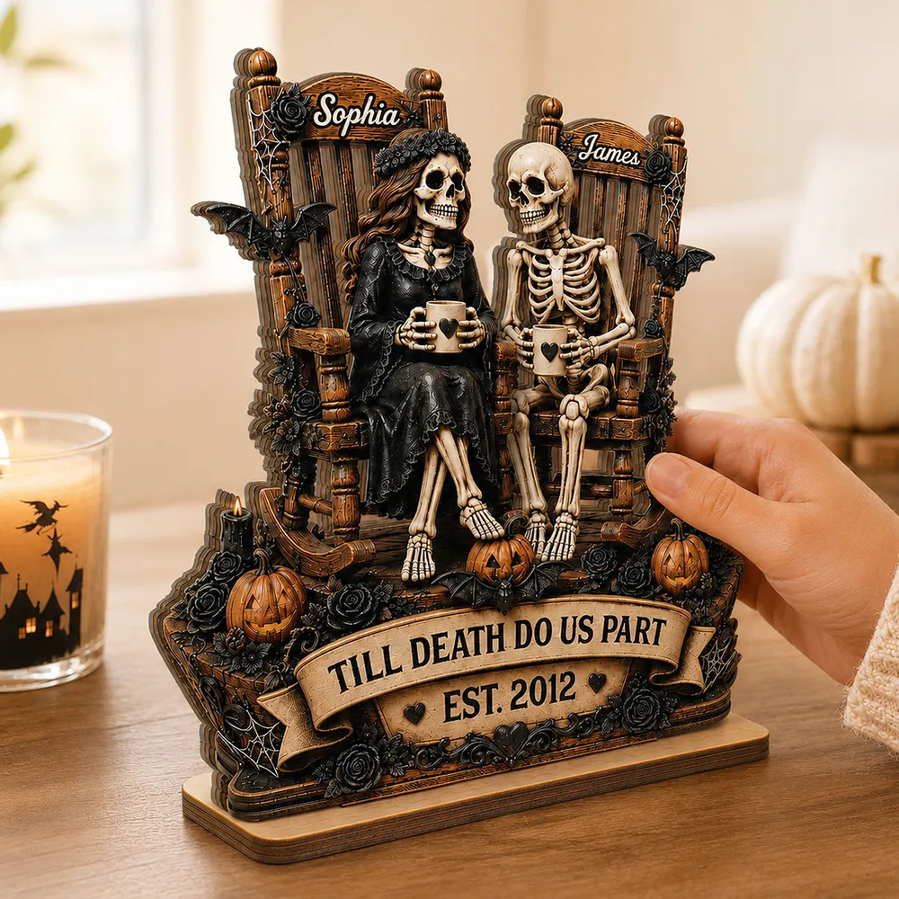 Personalized 2-Layer Wooden Plaque, Sitting Skeleton Couple Halloween Decor, Unique Creative Gift for Couples - Image 2