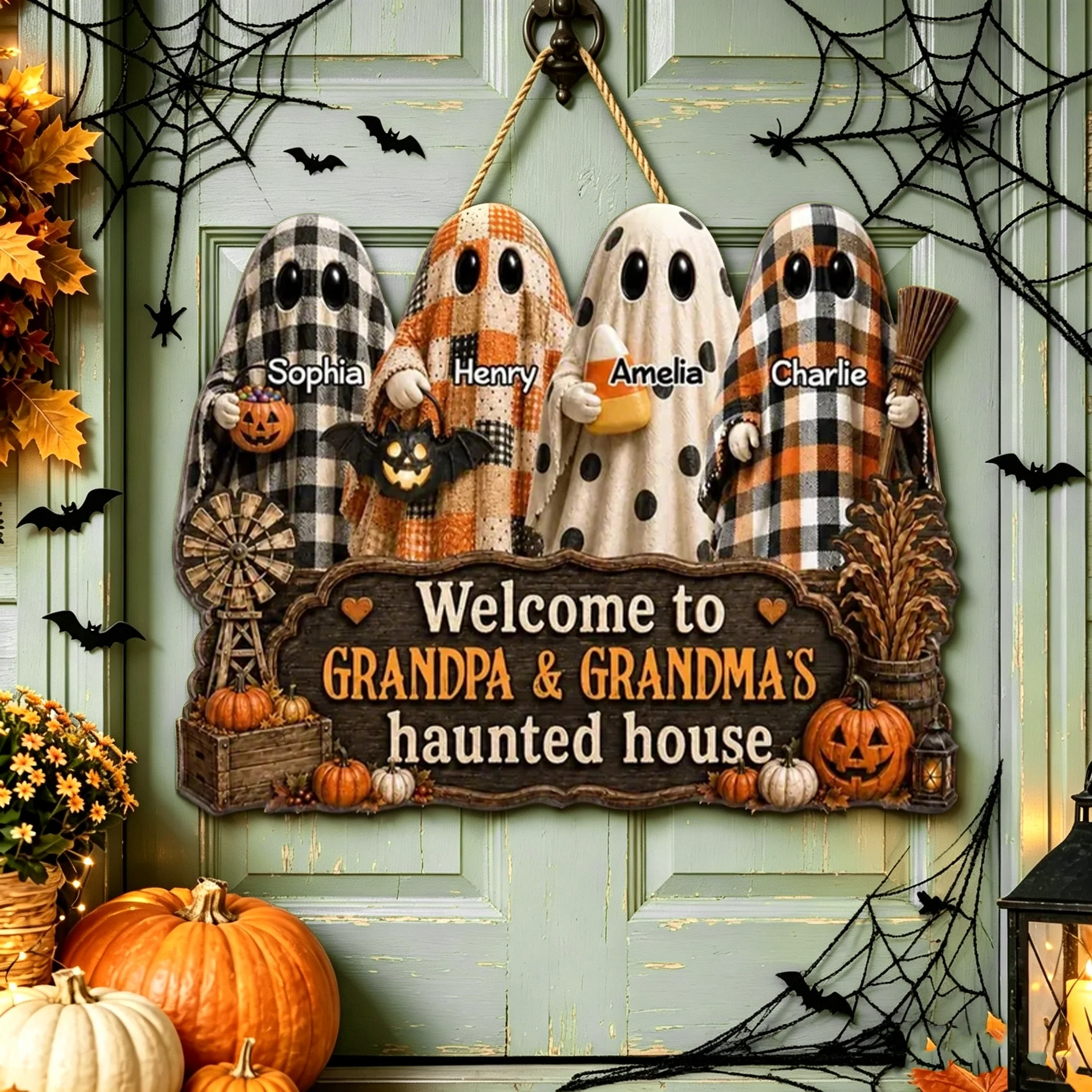 Personalized Wooden Sign with Cute Ghosts, Farmhouse Halloween Decor, Unique Creative Gift for Grandparents