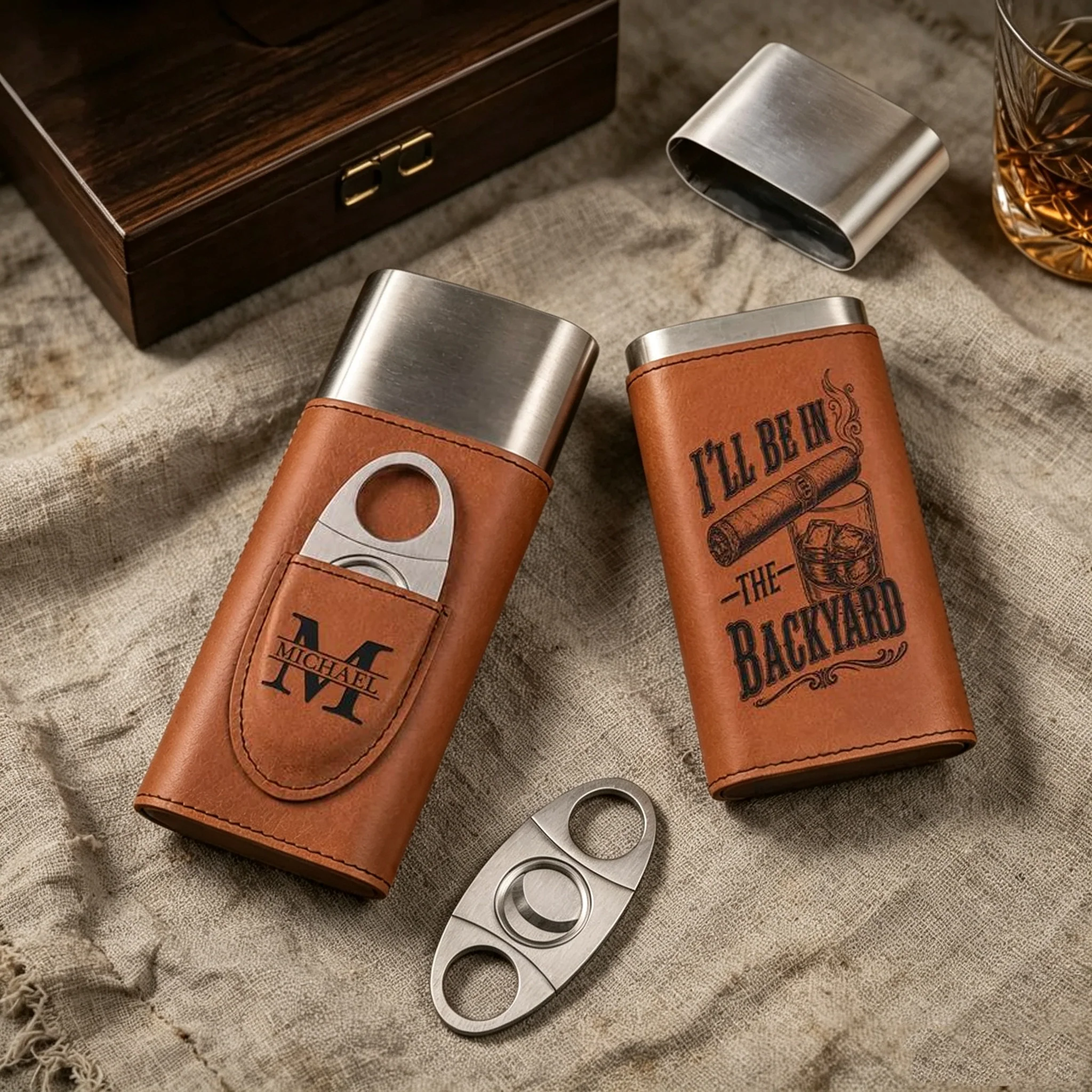 Personalized Leather Cigar Case With Cutter, Backyard Quote Design, Unique Creative Gift For Him