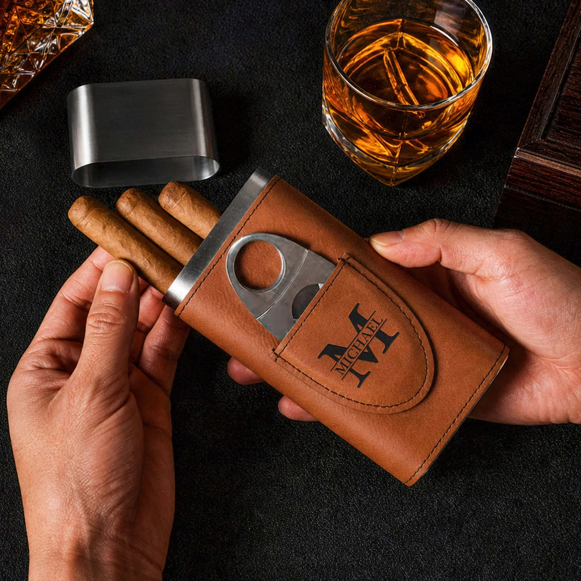 Personalized Leather Cigar Case With Cutter, Backyard Quote Design, Unique Creative Gift For Him - Image 2