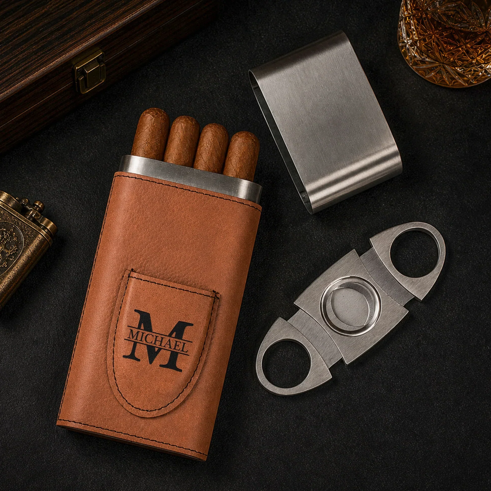 Personalized Leather Cigar Case With Cutter, Backyard Quote Design, Unique Creative Gift For Him - Image 3