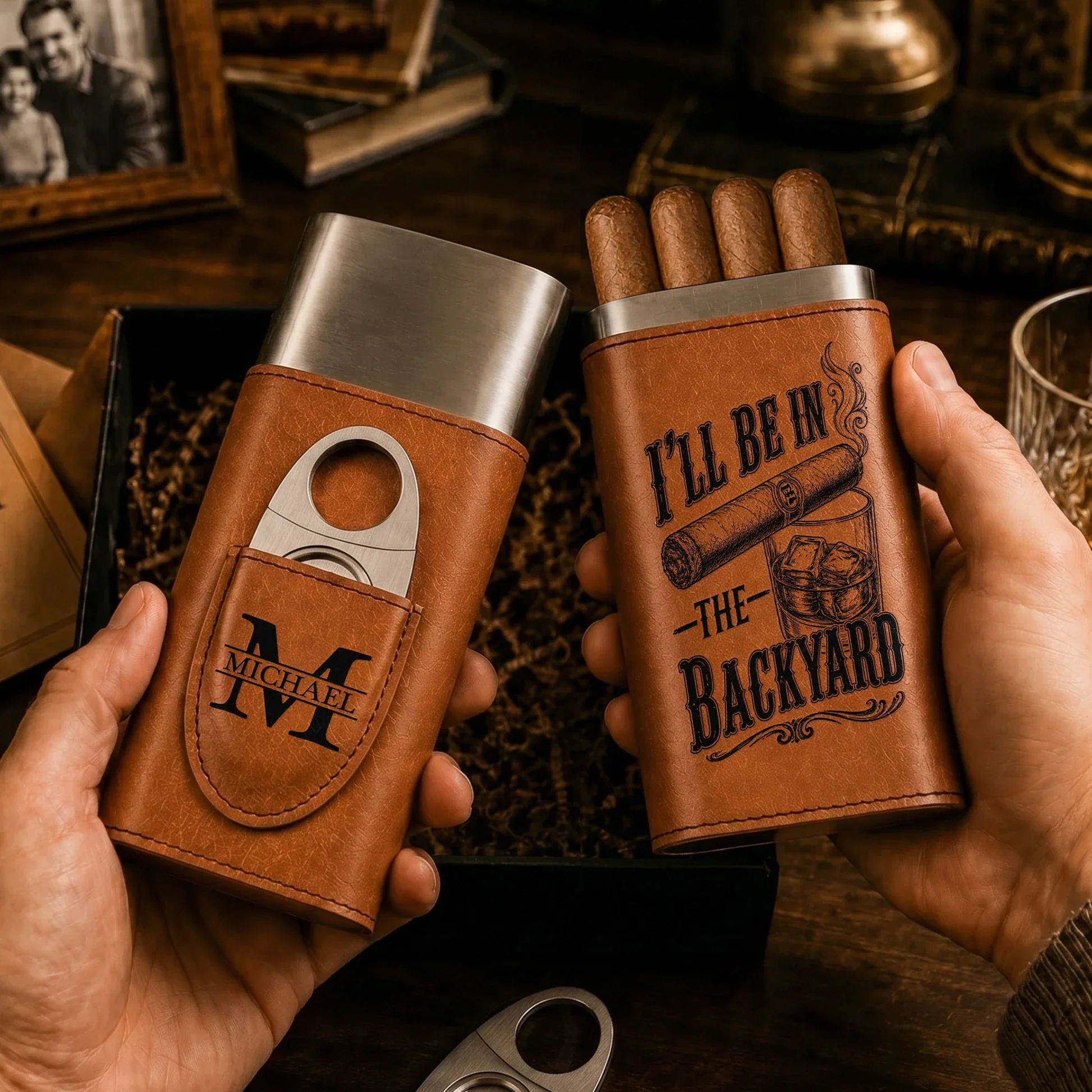 Personalized Leather Cigar Case With Cutter, Backyard Quote Design, Unique Creative Gift For Him - Image 6