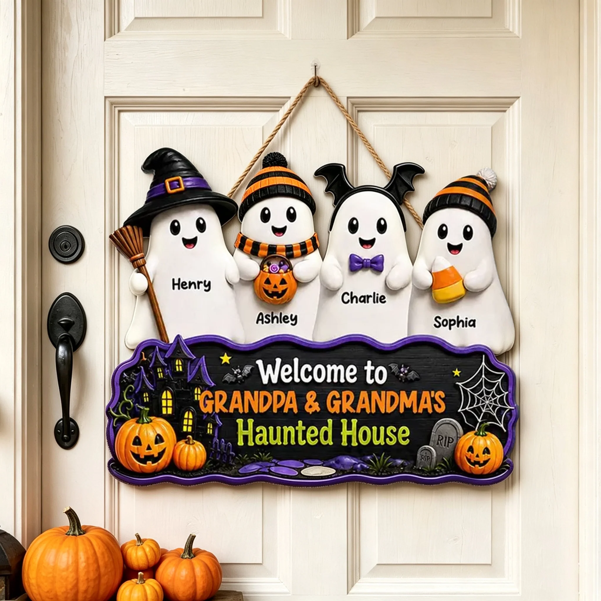 Personalized Halloween Wooden Sign, Standing Boo Kids Door Decor, Unique Gift for Grandma & Grandpa